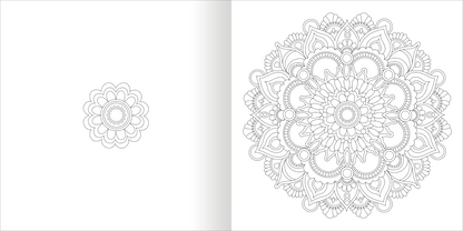 Gezeigt wird eine Innen- oder Zusatzansicht von „Mandala-Zauber – Gelassenheit“. Die linke Seite zeigt ein kleines, kreisförmiges Mandala mit einfachen, fließenden Linien. Die rechte Seite präsentiert ein großes, detailliertes Mandala, das reich verziert ist und symmetrische Motive aufweist. Die Zeichnungen sind in feinem, schwarz-weißem Kontrast gehalten, was Ruhe und Harmonie ausstrahlt.