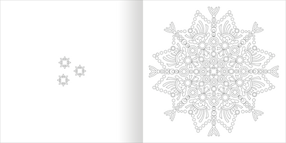 Gezeigt wird eine Innen- oder Zusatzansicht von „Mandala-Zauber – Gelassenheit“. Die Seite zeigt ein filigranes Mandala-Muster auf der rechten Seite, das aus verschiedenen geometrischen Formen, geschwungenen Linien und kreisförmigen Elementen besteht. Die Zeichnung ist in feinen grauen Linien gehalten und kontrastiert mit dem weißen Hintergrund. Links sind einige kleinere, ebenfalls schematische Mandala-Elemente zu sehen.