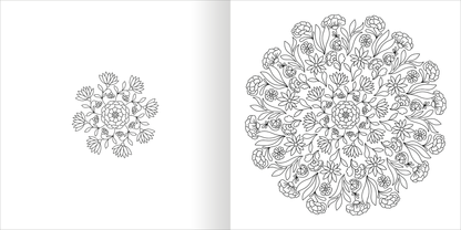 Gezeigt wird eine Innen- oder Zusatzansicht von „Mandala-Zauber – Blütentraum“. Die Darstellung zeigt ein symmetrisches Mandala in Schwarz-Weiß, das aus verschiedenen floralen Motiven besteht. Im Zentrum sind große Blüten in detaillierter Ausarbeitung, umgeben von kleineren, zarten Pflanzenmotiven. Die Linienführung ist klar und präzise, was eine einfache Gestaltung mit Farben ermöglicht. Der Stil ist einladend und verspielt, ideal für kreative Entfaltung.