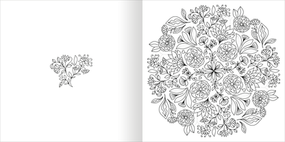 Gezeigt wird eine Innen- oder Zusatzansicht von „Mandala-Zauber – Blütentraum“. Die Abbildung zeigt links eine kleine Pflanze mit zarten Blüten und Blättern, während die rechte Seite ein großes, symmetrisches Mandala aus vielfältigen floralen Motiven präsentiert. Die Linien sind klar und in Schwarz gehalten, was den feinen Details der Blumen und Blätter besondere Aufmerksamkeit verleiht. Die Mischung aus kleinen und großen Elementen schafft eine einladende und harmonische...