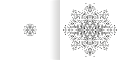 Gezeigt wird eine Innen- oder Zusatzansicht von „Mandala-Zauber – Blütentraum“. Die Abbildung zeigt ein detailliertes Mandala mit floralen Motiven in Schwarz-Weiß. In der Mitte befindet sich ein symmetrisches, blütengestaltetes Ornament, umgeben von zarten Linien und Blattwerk, das eine harmonische Komposition bildet. Die Typografie ist klar und elegant, was die kunstvolle Gestaltung des Mandalas unterstreicht. Der leere Raum auf der linken Seite ermöglicht eine intuitive Orientierung...