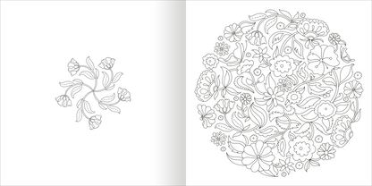 Gezeigt wird eine Innen- oder Zusatzansicht von „Mandala-Zauber – Die Jahreszeiten“. Die Seite zeigt zwei Mandala-Designs: links ein kleiner, symmetrischer Entwurf mit geschwungenen Blättern und stilisierten Blüten, rechts ein detaillierter, kreisförmiger Entwurf, der von verschiedensten floralen Motiven umgeben ist. Die Illustrationen sind in Schwarzweiß gehalten und bieten eine klare, feine Linienführung, die zum Ausmalen einlädt.