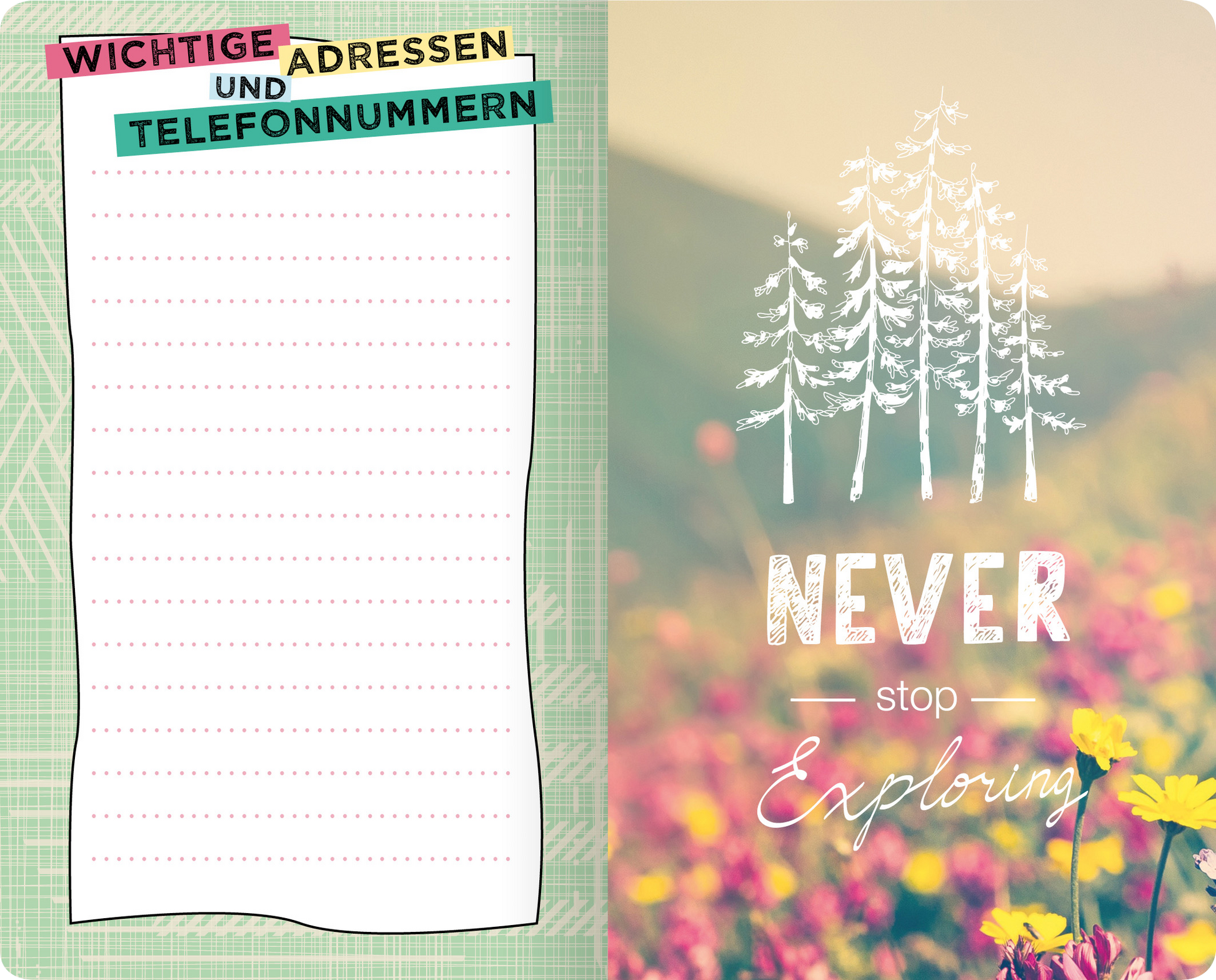 Gezeigt wird eine Innenansicht von „Wanderlust“. Die linke Seite bietet ein kariertes Notizfeld mit der Überschrift „Wichtige Adressen und Telefonnummern“ in bunten Buchstaben. Rechts ist eine landschaftliche Fotografie mit bunten Blumen im Vordergrund, darüber der inspirierende Text „NEVER stop Exploring“ in großen, weißen Buchstaben. Die Schriftzüge sind modern und ansprechend gestaltet, und die Gesamtfarbgestaltung schafft eine fröhliche und einladende Atmosphäre.