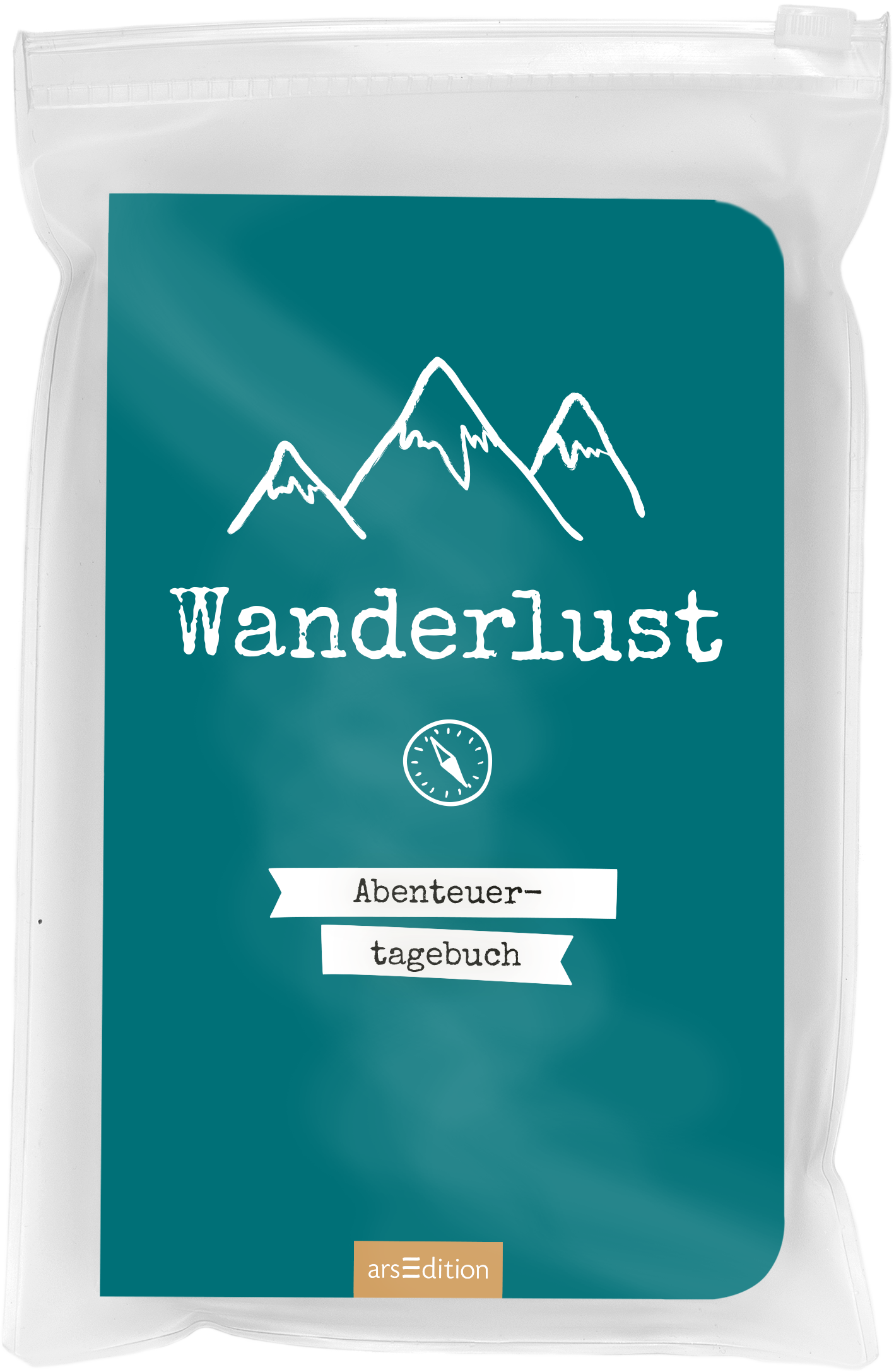 Das Buchcover zeigt einen teal-farbenen Hintergrund mit skizzierten Berggipfeln in weißer Farbe. In der oberen Mitte steht in verspielter, handschriftlicher Schrift „Wanderlust“ und darunter in klarer Typografie „Abenteuer­tagebuch“ auf einem weißen Banner. Ein kleiner Kompass ist ebenfalls abgebildet. Diese Gestaltung vermittelt eine einladende und abenteuerliche Atmosphäre. Ganz unten mittig steht der Logoschriftzug von arsEdition.