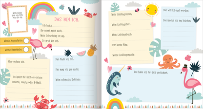 Gezeigt wird eine Innen- oder Zusatzansicht von „Alle meine Freunde – Meerjungfrau | Mit über 300 Stickern“. Die Doppelseite präsentiert bunte, verspielte Illustrationen mit Flamingos, einem Oktopus und Seesternen. Auf einem hellblauen Hintergrund sind leuchtende Regenbögen und Pflanzenmuster zu sehen. In verschiedenen Schriftarten stehen Fragen und Abschnitte wie „Das bin ich“ und „Mein Lieblingsfilm“ zur persönlichen Eingabe bereit. Die Layout-Elemente sind klar strukturiert...