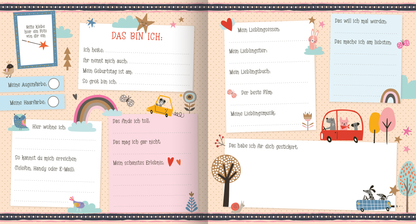 Gezeigt wird eine Innen- oder Zusatzansicht von „Alle meine Freunde – Fahrzeuge | Mit über 300 Stickern“. Die doppelseitige Gestaltung enthält bunte, handgezeichnete Illustrationen von Fahrzeugen, Tieren und Naturmotiven. Auf einem hellen, pastellfarbenen Hintergrund sind Textfelder mit klarer, gut leserlicher Schrift in verschiedenen Farben platziert. Elemente wie Wolken, Regenbögen und Sterne verleihen der Seite ein fröhliches, einladendes Ambiente, während die Typografie...