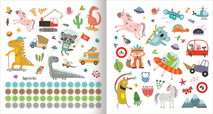Gezeigt wird eine Innen- oder Zusatzansicht von „Alle meine Freunde – Fahrzeuge | Mit über 300 Stickern“. Die Seite ist bunt und spielerisch gestaltet, mit verschiedenen Fahrzeug-Illustrationen und kreativen Tieren. Dominierende Farben sind Pink, Blau, Grün und Gelb. Die Typografie ist kindgerecht und leicht lesbar. Sticker sind in unterschiedlichen Formen und Größen angeordnet, ergänzt durch kleine, verspielte Motive wie Sterne und Pflanzen, die eine fröhliche Atmosphäre erzeugen.