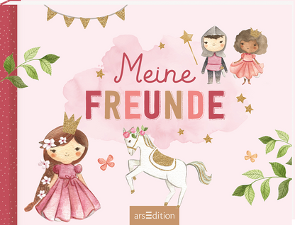 Auf dem Cover ist ein sanfter pinker Hintergrund zu sehen, der von grünen Blättern und bunten Blüten akzentuiert wird. In der Mitte befindet sich der Titel „Meine FREUNDE“ in großen, verspielten Buchstaben. Um den Titel gruppieren sich eine Prinzessin in einem rosa Kleid, ein Ritter und ein graues Einhorn, umgeben von goldenen Sternen und einer Wimpelkette. Oben rechts ist der SPIEGEL-Bestseller-Button mit dem Text „Bestseller“ abgebildet. Ganz unten mittig steht der Logoschriftzug...