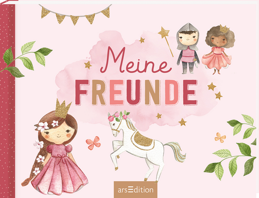 Auf dem Cover ist ein sanfter pinker Hintergrund zu sehen, der von grünen Blättern und bunten Blüten akzentuiert wird. In der Mitte befindet sich der Titel „Meine FREUNDE“ in großen, verspielten Buchstaben. Um den Titel gruppieren sich eine Prinzessin in einem rosa Kleid, ein Ritter und ein graues Einhorn, umgeben von goldenen Sternen und einer Wimpelkette. Oben rechts ist der SPIEGEL-Bestseller-Button mit dem Text „Bestseller“ abgebildet. Ganz unten mittig steht der Logoschriftzug...