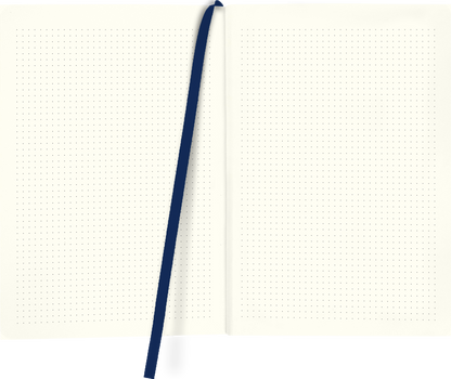 Gezeigt wird eine Innen- oder Zusatzansicht von „myNOTES Notizbuch A5: Meer“. Die doppelseitige Seitenansicht zeigt eine helle, cremefarbene Hintergrundfarbe mit feinen, dezenten Punkten, die regelmäßig über die Seiten verteilt sind. Ein dunkelblaues Leseband ergänzt das Design und sorgt für eine praktische Handhabung. Die klare Typografie und das minimalistische Layout fördern eine einfache Nutzung und bieten Raum für persönliche Notizen und Entwürfe.