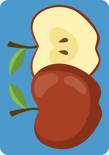 Gezeigt wird eine Innen- oder Zusatzansicht von „Ich packe meinen Koffer“. Die Darstellung zeigt eine rote Apfelhälfte auf einem blauen Hintergrund. Die Apfelhälfte ist glänzend und hat eine lebendige Farbe, während die nicht sichtbare Innenseite leicht beige ist, mit einer klaren Textur und zwei kleinen, braunen Kernen. Grüne Blätter an einem dünnen Stiel ergänzen das Bild. Die einfache, farbenfrohe Gestaltung vermittelt ein spielerisches Gefühl.