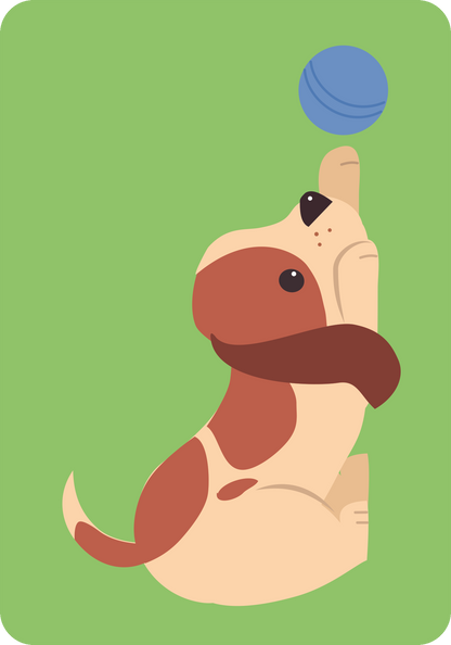 Gezeigt wird eine Innen- oder Zusatzansicht von „Ich packe meinen Koffer“. Auf einem grünen Hintergrund ist ein niedlicher Hund abgebildet, der einen blauen Ball mit einer Pfote anstößt. Der Hund hat ein braunes und beiges Fell, das weich und freundlich wirkt. Die typografische Gestaltung ist einfach und solide, ohne überflüssige Details, um den spielerischen Charakter der Illustration zu unterstreichen.