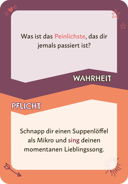 Gezeigt wird eine Innen- oder Zusatzansicht von „Wahrheit oder Pflicht“. Die Karte zeigt ein buntes Layout mit einem oberen Bereich in Lila, der die Frage „Was ist das Peinlichste, das dir jemals passiert ist?“ enthält. Darunter befindet sich der Begriff „WAHRHEIT“. Der untere Teil in Orange widmet sich der Pflicht mit der Aufforderung „Schnapp dir einen Suppenlöffel als Mikro und sing deinen momentanen Lieblingssong.“