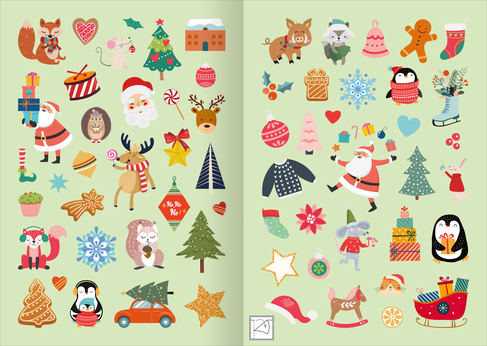 Gezeigt wird eine Innen- oder Zusatzansicht von „Weihnachtssticker“. Die Seite ist in sanften Grüntönen gehalten und zeigt eine Vielzahl bunter Weihnachtsmotive. Zu sehen sind Charaktere wie Weihnachtsmänner, Tiere und Geschenke. Ergänzt werden sie durch winterliche Dekorationen wie Schneeflocken und Tannenbäume. Die Typografie ist verspielt, mit liebevollen Details in den Illustrationen, die eine fröhliche, festliche Stimmung erzeugen.