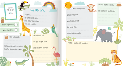 Gezeigt wird eine Innen- oder Zusatzansicht von „Alle meine Freunde – Dino | Mit über 300 Stickern“. Die Doppelseite ist farbenfroh gestaltet, mit Illustrationen von Tieren wie einer Giraffe, einem Elefanten und einem Tiger, umrahmt von grünen Pflanzen und einem Regenbogen. Auf der linken Seite stehen in klarer, verspielter Schrift Fragen zur Personalauskunft, wie „Ich heiße…“ und „Ich wohne…“. Die rechte Seite enthält leere Felder für Lieblingsfarben und -tiere, um eine...