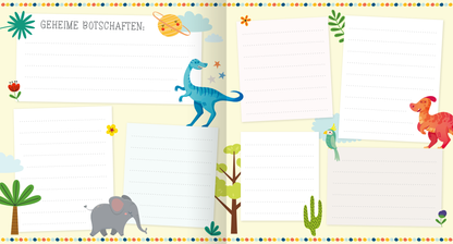 Gezeigt wird eine Innen- oder Zusatzansicht von „Alle meine Freunde – Dino | Mit über 300 Stickern“. Die Seite ist in sanften Gelbtönen gehalten und zeigt verspielte Illustrationen von Dinos, einem Elefanten, Pflanzen und Symbolen wie einem Planeten. Auf der linken Seite steht „GEHEIME BOTSCHAFTEN:“ in einer klaren, bunten Schrift, während mehrere leere, liniierte Felder für Notizen oder Zeichnungen angeordnet sind. Die gesamte Gestaltung fördert eine kinderfreundliche und...