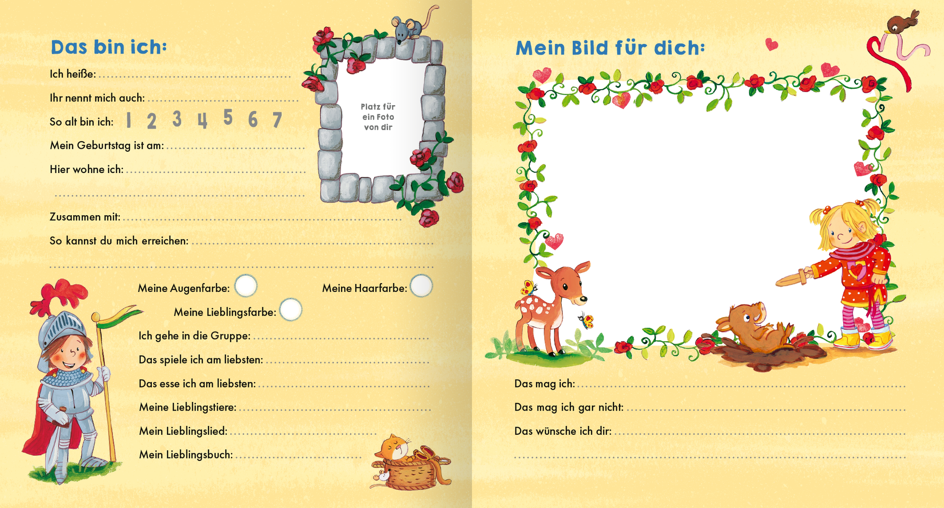 Gezeigt wird eine Innen- oder Zusatzansicht von „Meine Kindergarten-Freunde (Ritter und Ritterin)“. Die Seite ist in sanften Gelb- und Grüntönen gehalten. Links befindet sich ein Bereich mit Fragen zur persönlichen Vorstellung, eingerahmt von einer steinernen Umrandung mit roten Rosen. Rechts ist ein leeres Bildfeld, umrahmt von einem floralen Muster, das in lebendigen Farben gestaltet ist. Illustrationen zeigen einen Ritter und ein Mädchen, die die kindliche Neugier und Kreativität...