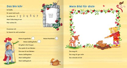 Gezeigt wird eine Innen- oder Zusatzansicht von „Meine Kindergarten-Freunde (Ritter und Ritterin)“. Die Seite ist in sanften Gelb- und Grüntönen gehalten. Links befindet sich ein Bereich mit Fragen zur persönlichen Vorstellung, eingerahmt von einer steinernen Umrandung mit roten Rosen. Rechts ist ein leeres Bildfeld, umrahmt von einem floralen Muster, das in lebendigen Farben gestaltet ist. Illustrationen zeigen einen Ritter und ein Mädchen, die die kindliche Neugier und Kreativität...