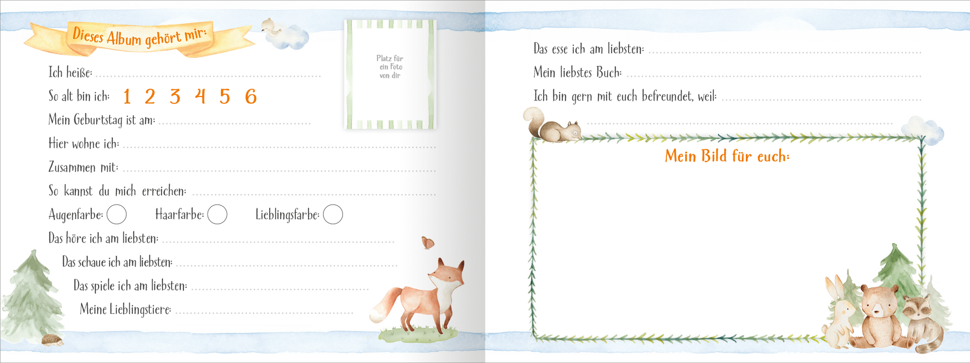 Gezeigt wird eine Innen- oder Zusatzansicht von „Alle meine Freunde - Waldtiere“. Die Seite enthält eine sanfte, pastelblau-hinterlegte Fläche mit handgezeichneten Waldtiermotiven, darunter ein Fuchs und zwei Kaninchen, umrahmt von filigranen Pflanzen. Die Überschrift „Dieses Album gehört mir“ ist in verspielter, orangener Schriftart gestaltet. Es finden sich verschiedene Textfelder für persönliche Angaben, die in klarer, lesbarer Schrift ausgeführt sind. Der Gesamtlook...