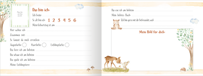 Gezeigt wird eine Innenansicht von „Alle meine Freunde - Waldtiere“. Die Seite ist hell und freundliche pastellfarbene Töne dominieren. Links befindet sich ein Abschnitt „Das bin ich“, der in einer klaren, roten Typografie gestaltet ist. Neben Ausfüllfeldern stehen Illustrationen von kleinen Tieren wie Rehen und anderen Waldtieren. Rechts wird Platz für persönliche Informationen und ein Bild durch eine Umrandung angeboten, begleitet von sanften Baum- und Wolkenmotiven.