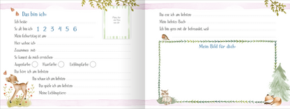 Gezeigt wird eine Innen- oder Zusatzansicht von „Alle meine Freunde - Waldtiere“. Die Seite präsentiert ein sanftes, pastellfarbenes Design mit einer zarten, von Pflanzen umrahmten Struktur. Links sind Felder für persönliche Informationen wie Name, Geburtsdatum und Vorlieben in klarer, gut lesbarer Schrift angeordnet. Auf der rechten Seite befindet sich ein leerer Kasten, um ein Bild zu zeichnen, umgeben von liebevollen Illustrationen von Waldtieren. Die Farben sind überwiegend in...
