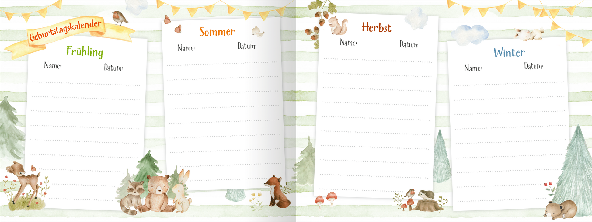 Gezeigt wird eine Innen- oder Zusatzansicht von „Alle meine Freunde - Waldtiere“. Die Seite enthält vier farblich gestaltete Abschnitte für die Jahreszeiten: Frühling, Sommer, Herbst und Winter. Jeder Abschnitt hat eine Überschrift in verspielter Schrift und Platz zum Eintragen von Namen und Daten. Die sanften Pastellfarben harmonieren mit den liebevollen Illustrationen von Waldtieren und Pflanzen, die die Seiten umrahmen und eine einladende, naturverbundene Atmosphäre schaffen.