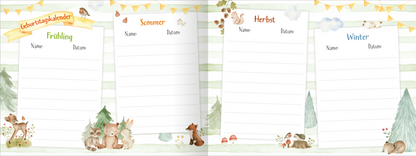 Gezeigt wird eine Innen- oder Zusatzansicht von „Alle meine Freunde - Waldtiere“. Die Seite enthält vier farblich gestaltete Abschnitte für die Jahreszeiten: Frühling, Sommer, Herbst und Winter. Jeder Abschnitt hat eine Überschrift in verspielter Schrift und Platz zum Eintragen von Namen und Daten. Die sanften Pastellfarben harmonieren mit den liebevollen Illustrationen von Waldtieren und Pflanzen, die die Seiten umrahmen und eine einladende, naturverbundene Atmosphäre schaffen.
