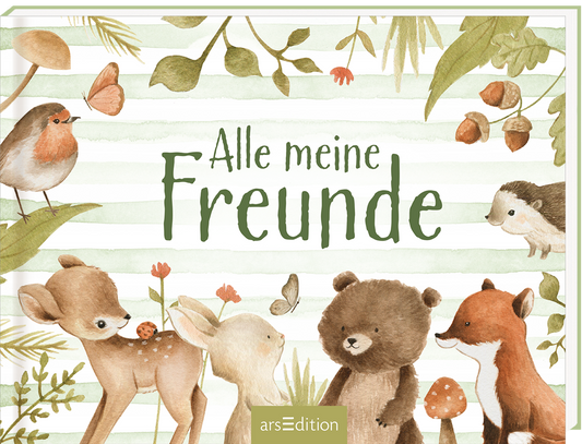 Das Buchcover zeigt eine sanfte, illustrativ gestaltete Szene mit verschiedenen Tieren im Vordergrund, darunter ein Fuchs, ein Bär und ein Reh, die in einer natürlichen Umgebung mit farbenfrohen Blumen und Blättern stehen. Der Titel „Alle meine Freunde“ ist in lockerer, grüner Schrift dunkel hervorgehoben. Im Hintergrund verlaufen horizontal gestreifte Pastelltöne. Ganz oben rechts ist ein kleiner Vogel abgebildet, der zur verspielten Atmosphäre beiträgt. Ganz unten mittig steht der...