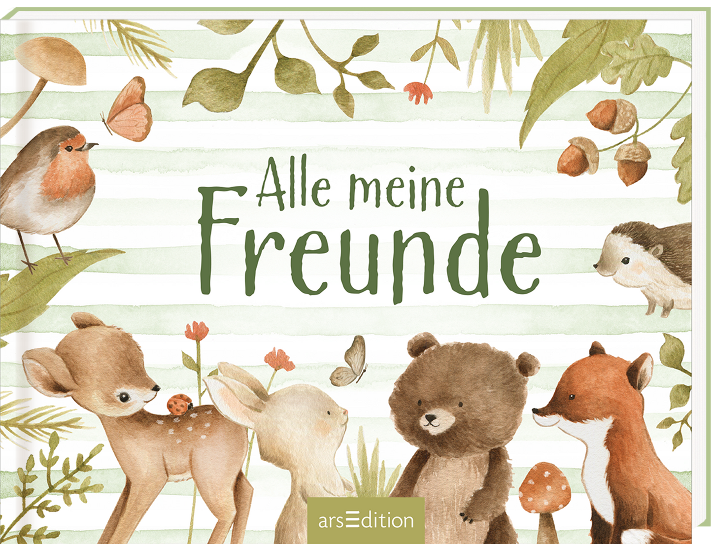Das Buchcover zeigt eine sanfte, illustrativ gestaltete Szene mit verschiedenen Tieren im Vordergrund, darunter ein Fuchs, ein Bär und ein Reh, die in einer natürlichen Umgebung mit farbenfrohen Blumen und Blättern stehen. Der Titel „Alle meine Freunde“ ist in lockerer, grüner Schrift dunkel hervorgehoben. Im Hintergrund verlaufen horizontal gestreifte Pastelltöne. Ganz oben rechts ist ein kleiner Vogel abgebildet, der zur verspielten Atmosphäre beiträgt. Ganz unten mittig steht der...