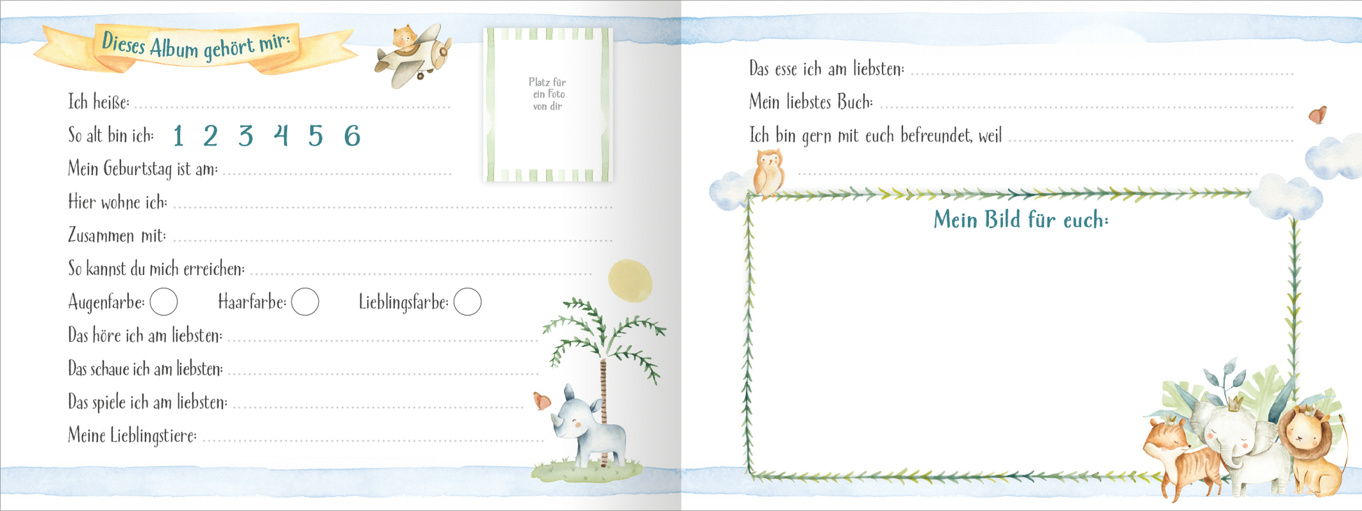 Gezeigt wird eine Innen- oder Zusatzansicht von „Alle meine Freunde – Safari“. Die Seite zeigt einen hellblauen Hintergrund mit zarten Wolken und handgezeichneten Tieren wie einem Einhorn und Löwen, die in sanften Farbtönen gehalten sind. In der oberen Ecke befindet sich ein gelbes Banner mit der Aufschrift „Dieses Album gehört mir“. Es sind verschiedene Felder zum Ausfüllen vorhanden, darunter Angaben zu Name, Alter und Lieblingsthemen, gestaltet in einer kindgerechten,...