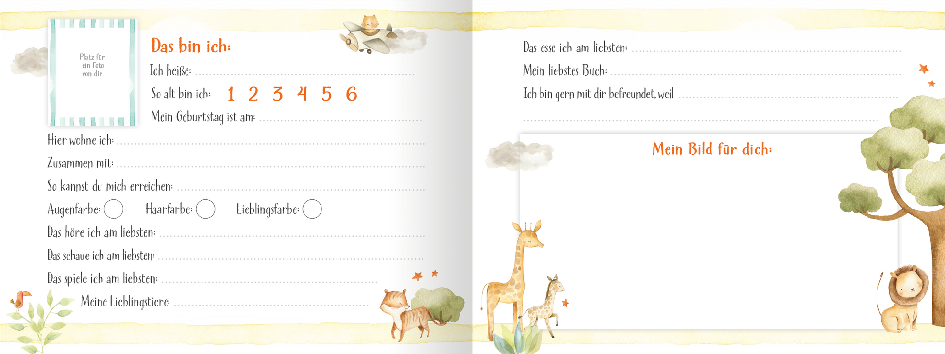 Gezeigt wird eine Innenansicht von „Alle meine Freunde – Safari“. Die Seite ist in sanften Pastellfarben gehalten und zeigt eine linke und eine rechte Seite. Links befinden sich strukturierte Felder mit Fragen zu persönlichen Angaben, in orangefarbener Schrift. Auf der rechten Seite steht „Mein Bild für dich“ mit Platz für eine Zeichnung. Unweit davon sind liebevoll illustrierte Tiermotive wie Giraffen, Löwen und Wolken, die eine freundliche, einladende Atmosphäre schaffen.