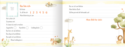 Gezeigt wird eine Innenansicht von „Alle meine Freunde – Safari“. Die Seite ist in sanften Pastellfarben gehalten und zeigt eine linke und eine rechte Seite. Links befinden sich strukturierte Felder mit Fragen zu persönlichen Angaben, in orangefarbener Schrift. Auf der rechten Seite steht „Mein Bild für dich“ mit Platz für eine Zeichnung. Unweit davon sind liebevoll illustrierte Tiermotive wie Giraffen, Löwen und Wolken, die eine freundliche, einladende Atmosphäre schaffen.