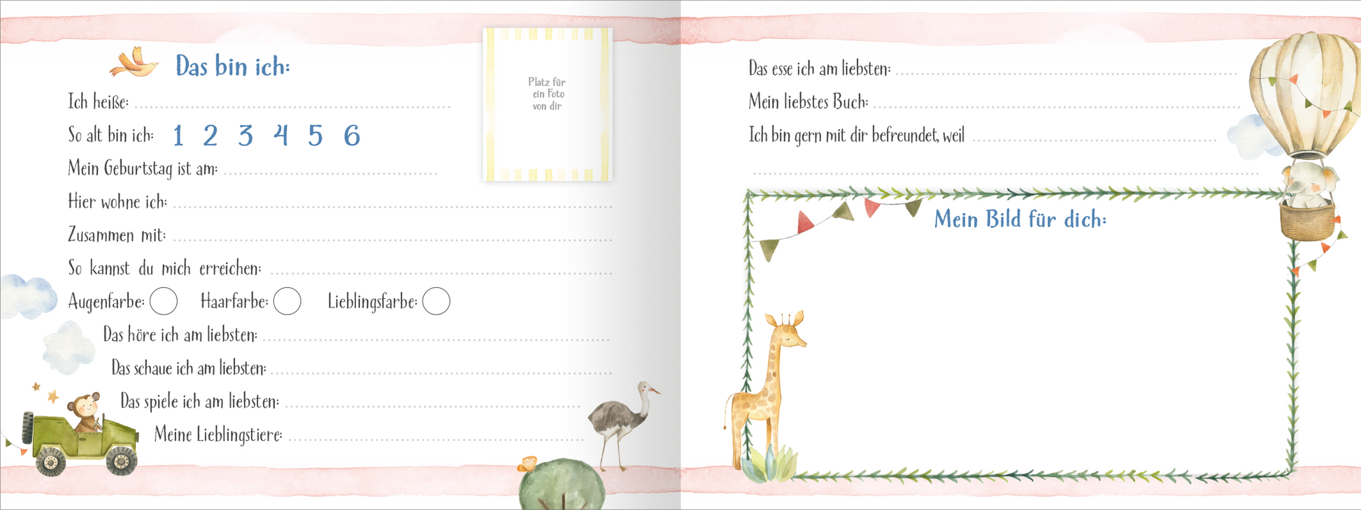 Gezeigt wird eine Innen- oder Zusatzansicht von „Alle meine Freunde – Safari“. Die Seite ist sanft gestaltet mit pastellfarbenem Hintergrund in Rosa und sanften Grüntönen. Links befindet sich ein Bereich mit Fragen zur eigenen Person, umgeben von fröhlichen Tierillustrationen, darunter ein Giraffe und ein Vogel. Auf der rechten Seite ist ein leeres Feld für kreative Beiträge, eingerahmt von einer dekorativen Bordüre mit Wimpeln. Die Schrift ist klar und gut lesbar.