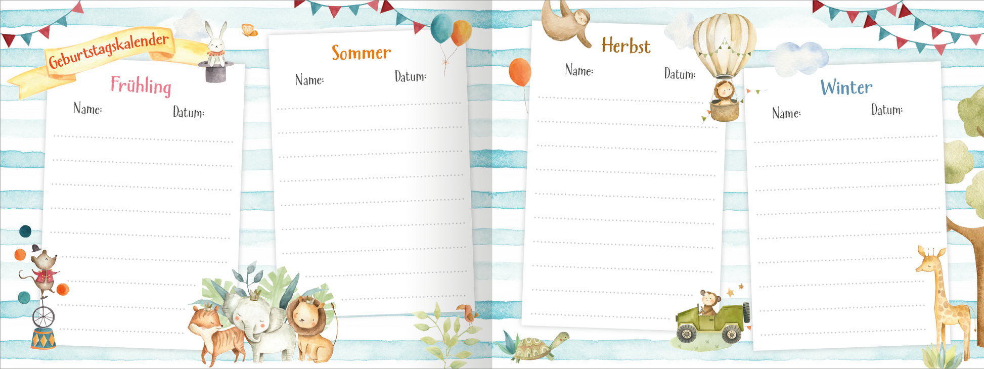 Gezeigt wird eine Innen- oder Zusatzansicht von „Alle meine Freunde – Safari“. Die Seite ist in vier Abschnitte unterteilt, jeweils mit einem saisonalen Titel: „Frühling“, „Sommer“, „Herbst“ und „Winter“. Jeder Abschnitt verfügt über ein leeres Feld für „Name“ und „Datum“. Die sanften, hellen Streifen in Blau und Weiß bilden den Hintergrund, während farbenfrohe Illustrationen von Tieren und Luftballons die Seiten umrahmen. Die Schrift ist kindgerecht und...