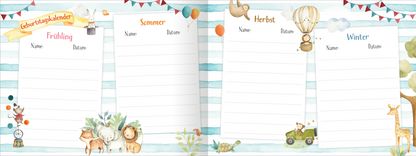 Gezeigt wird eine Innen- oder Zusatzansicht von „Alle meine Freunde – Safari“. Die Seite ist in vier Abschnitte unterteilt, jeweils mit einem saisonalen Titel: „Frühling“, „Sommer“, „Herbst“ und „Winter“. Jeder Abschnitt verfügt über ein leeres Feld für „Name“ und „Datum“. Die sanften, hellen Streifen in Blau und Weiß bilden den Hintergrund, während farbenfrohe Illustrationen von Tieren und Luftballons die Seiten umrahmen. Die Schrift ist kindgerecht und...