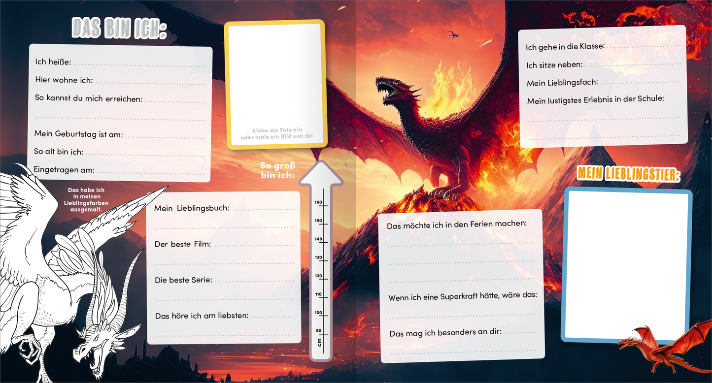 Gezeigt wird eine Innen- oder Zusatzansicht von „Meine Schulfreunde - Drachen“. Die Seite ist farbenfroh gestaltet, mit dominanten Rottönen und einem fantastischen Drachenmotiv im Hintergrund. Links befindet sich ein Bereich mit klaren, weißen Feldern, die zum Ausfüllen einladen, sowie einer Skala zur Größenmessung. Rechts sind Fragen zum Lebensstil und persönlichen Vorlieben in großer, auffälliger Typografie platziert. Das Layout ist übersichtlich und ansprechend für Kinder...