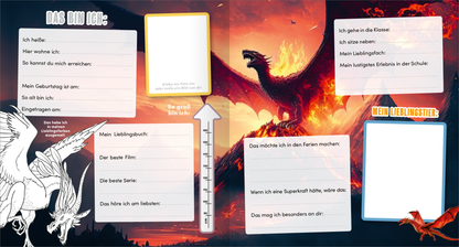 Gezeigt wird eine Innen- oder Zusatzansicht von „Meine Schulfreunde - Drachen“. Die Seite ist farbenfroh gestaltet, mit dominanten Rottönen und einem fantastischen Drachenmotiv im Hintergrund. Links befindet sich ein Bereich mit klaren, weißen Feldern, die zum Ausfüllen einladen, sowie einer Skala zur Größenmessung. Rechts sind Fragen zum Lebensstil und persönlichen Vorlieben in großer, auffälliger Typografie platziert. Das Layout ist übersichtlich und ansprechend für Kinder...