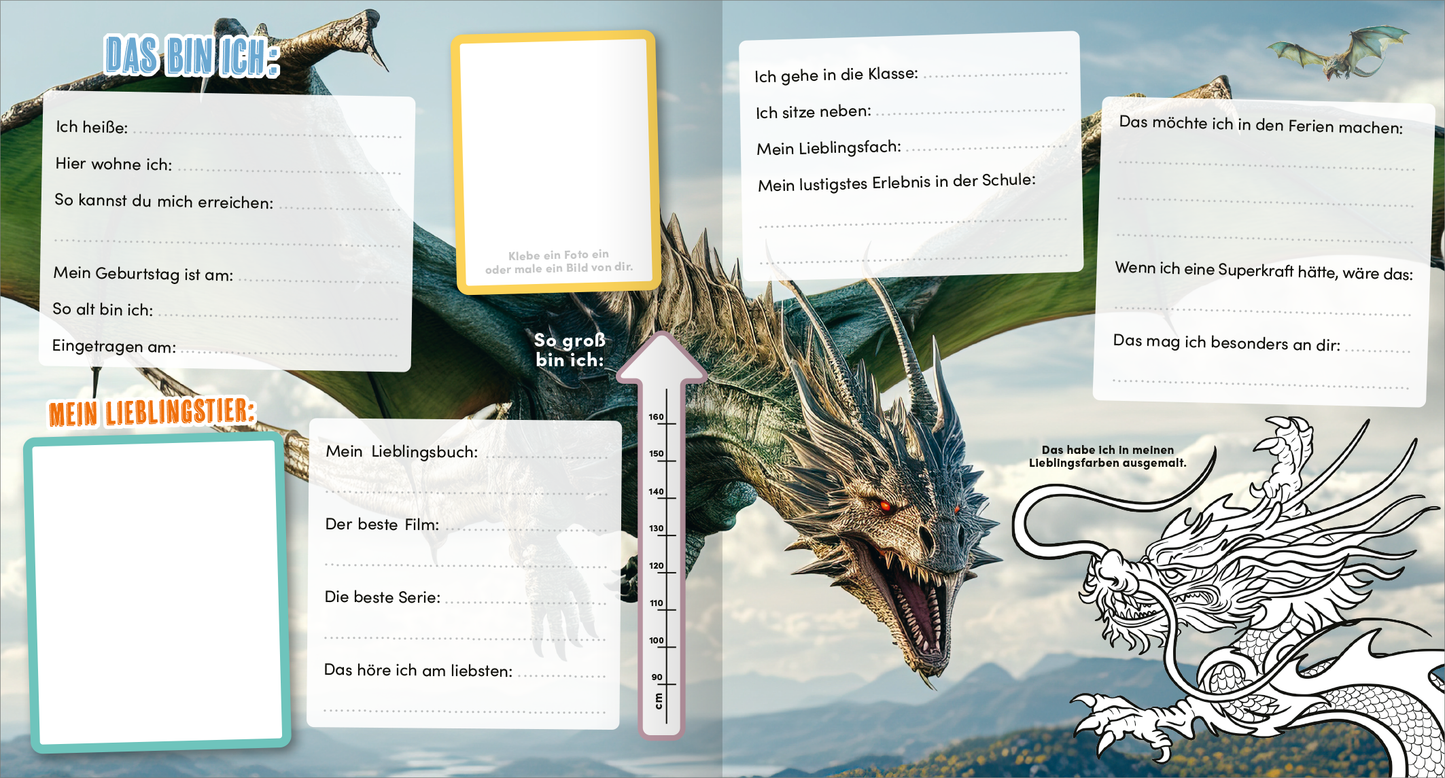 Gezeigt wird eine Innen- oder Zusatzansicht von „Meine Schulfreunde - Drachen“. Die Doppelseite hat einen blauen Himmel und eine bergige Landschaft im Hintergrund. Dominant ist ein großer, grüner Drache, der zur linken Seite blickt. Auf der rechten Seite befinden sich verschiedene Textfelder in hellen Farben, darunter ein orangefarbenes und ein grünliches Feld, die zum Ausfüllen einladen. Die Schrift ist klar und gut lesbar, mit freundlichen Farbakzenten. Illustrationen und ein Maßstab...