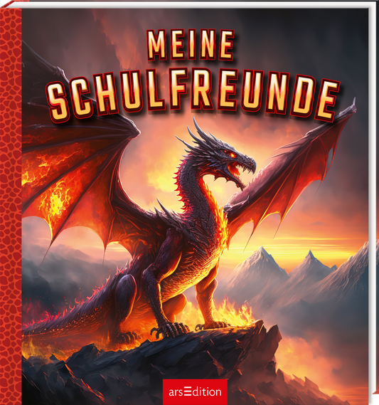 Auf dem Cover ein imposanter, feuerspeiender Drache auf einem Felsvorsprung, Flammen und glühende Schuppen, ausgebreitete Flügel vor einer dramatischen Sonnenuntergangslandschaft mit Bergen. Dominierende Farben Rot Orange Schwarz und violette Dunstschleier. Titel oben mittig in großen gelben Blockbuchstaben mit rotem Rand „MEINE SCHULFREUNDE“. Stimmung episch und bedrohlich. Ganz unten mittig steht der Logoschriftzug von arsEdition.