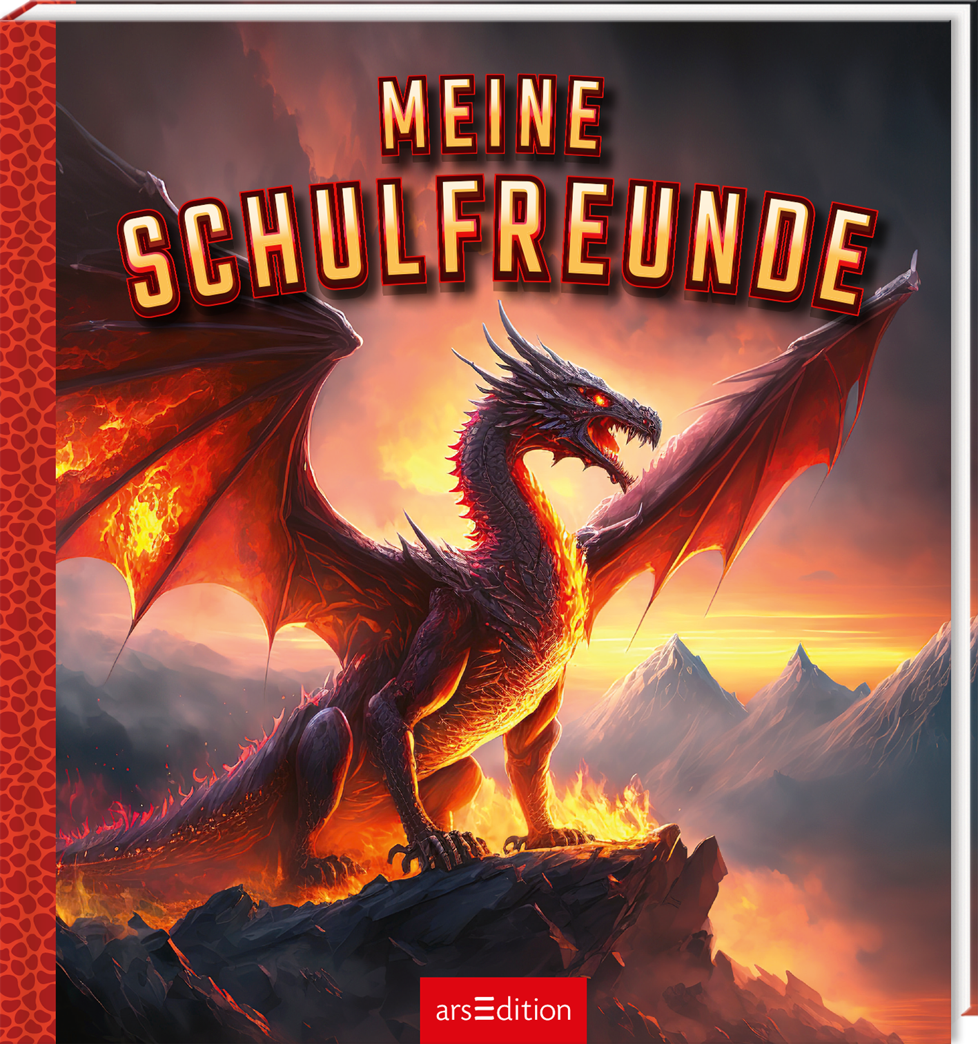 Das Buchcover zeigt einen majestätischen Drachen mit weit ausgebreiteten, feuerroten Flügeln vor einer dramatischen Berglandschaft, die von orange- und rote Farbtönen beleuchtet wird. Oben in prägnanter, rot-goldener Schrift steht „MEINE SCHULFREUNDE“. Die Atmosphäre ist abenteuerlich und spannend, was die Fantasie anregt. Ganz unten mittig steht der Logoschriftzug von arsEdition.