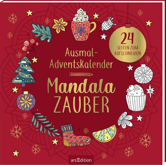 Das dreidimensionale Buchcover zeigt einen Ausmal-Adventskalender – Mandala Zauber. Es hat einen roten Hintergrund und ist mit bunten, handgezeichneten Illustrationen festlich geschmückt, darunter Tassen, Weihnachtsbäume und Schneekugeln. Die goldene Schrift des Titels „Mandala ZAUBER“ steht im Vordergrund und vermittelt eine fröhliche Atmosphäre. Oben ist der Titel „Ausmal-Adventskalender“ in einer klaren, gut lesbaren Schrift platziert. Rechts oben befindet sich eine goldene...