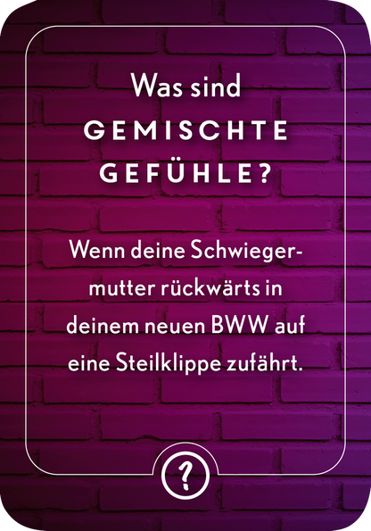 Gezeigt wird eine Innen- oder Zusatzansicht von „Bloß nicht lachen“. Der Hintergrund ist in einem kräftigen Violett gehalten, mit einer Struktur, die an Ziegelsteine erinnert. Der Titel „Was sind GEMISCHTE GEFÜHLE?“ ist in einer auffälligen, weißen Großschrift zentral platziert. Darunter steht der humorvolle Text in einer klaren, lesbaren Schrift, die leicht kleiner ist. Am unteren Rand ist ein Fragezeichen in einem runden Rahmen zu sehen, was die Aufforderung zur Interaktion...