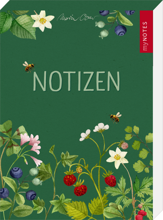 Das Buchcover zeigt einen satten, grünen Hintergrund, der mit liebevoll gestalteten, illustrativen Pflanzenmotiven geschmückt ist, darunter Erdbeeren, Himbeeren und Blaubeeren. In der Mitte prangt in einer klaren, freundlichen Schrift das Wort „NOTIZEN“ in hellen, sanften Farbtönen. Oben links ist der Urhebername „Maria Czeru“ elegant handschriftlich platziert. Oben rechts befindet sich ein rotes Label mit dem Text „my NOTES“. Ganz unten mittig steht der Logoschriftzug von...