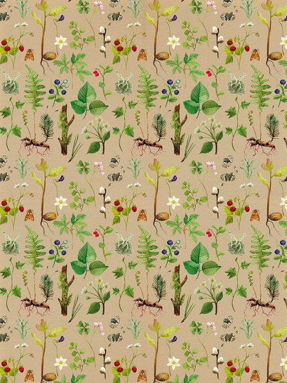 Gezeigt wird eine Innen- oder Zusatzansicht von „myNOTES Papeterie: Geschenkpapier Naturschätze“. Der Hintergrund ist in einem sanften, hellen Braunton gehalten. Darauf sind verschiedene botanische Motive in lebhaften Farben wie Grün, Gelb, Blau und Rot angeordnet. Die Gestaltung zeigt eine Vielfalt an Pflanzen, Blumen und Insekten, die harmonisch miteinander kombiniert sind. Die Illustration ist detailreich und vermittelt einen natürlichen, organischen Eindruck.