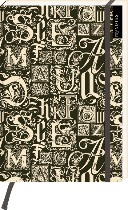 Das Buchcover zeigt ein kreatives Muster aus verschiedenen Buchstaben in unterschiedlichen Schriftarten und -größen. Der Hintergrund ist in einem dunklen Olivgrün gehalten, während die Buchstaben in cremefarbenem Ton erscheinen. Am Rand ist ein schmaler grauer Streifen sichtbar, der einen eleganten Kontrast bildet. Die Schriftzüge stehen in einem künstlerischen, verspielten Stil und erzeugen eine ausgefallene Atmosphäre. Ganz oben links befindet sich der Schriftzug „my NOTES“. Ganz...
