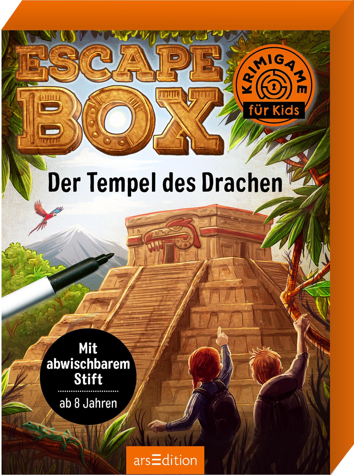 Cover der Escape-Box 'Der Tempel des Drachen'. Abgebildet ist ein mystischer Tempel in einer Dschungelumgebung, mit zwei Kindern im Vordergrund, die mit Rucksäcken den Tempel erkunden. Oben steht der Titel in großen Buchstaben, begleitet von dem Hinweis 'Krimigame für Kids'. Unten rechts ist ein schwarzer Kreis mit der Aufschrift 'Mit abwischbarem Stift – ab 8 Jahren'. Im unteren Bereich ist das Logo von arsEdition zu sehen.