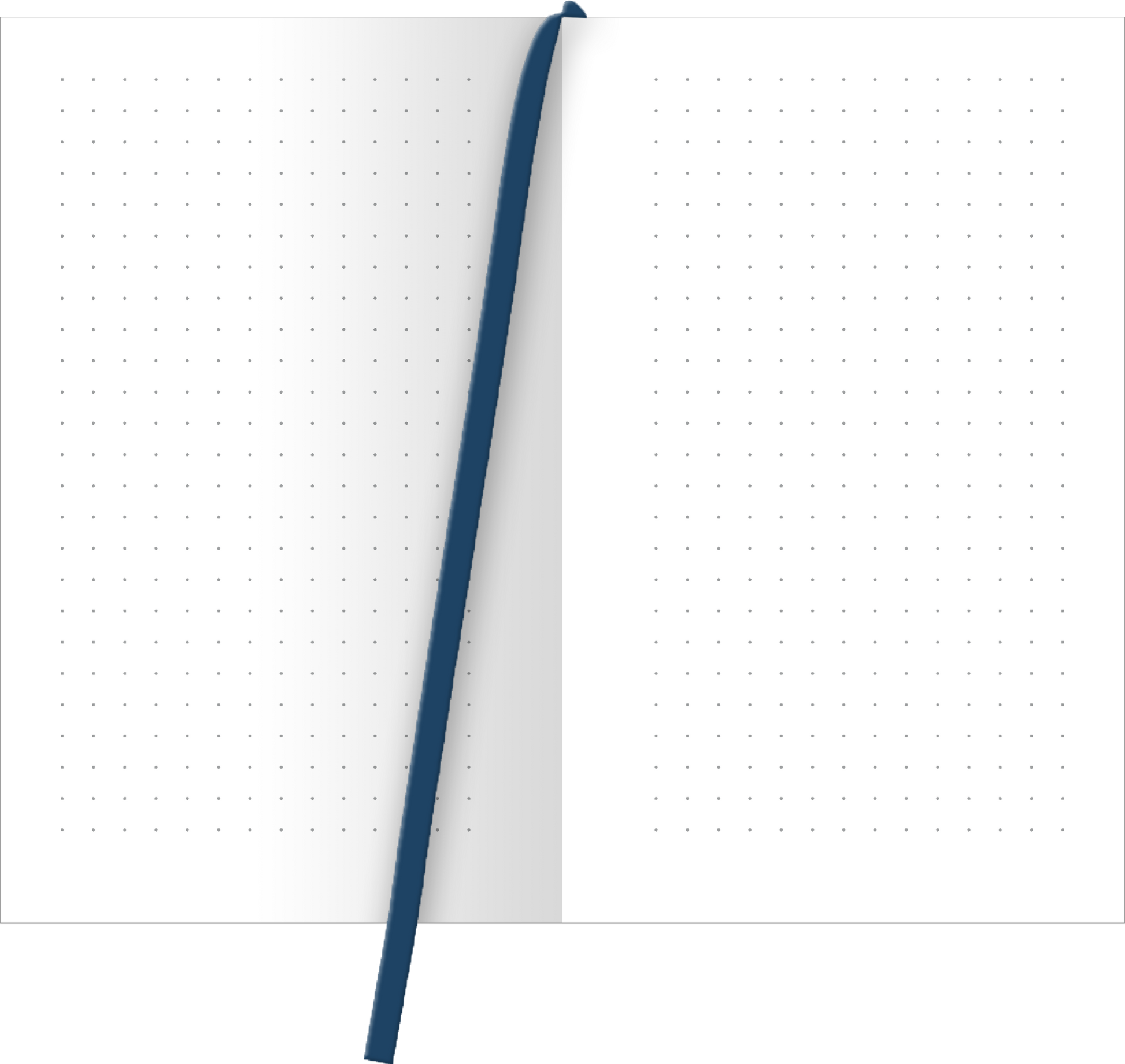 Gezeigt wird eine Innen- oder Zusatzansicht von „myNOTES Papeterie: Notizbuch A6 Naturschätze“. Die doppelseitige Ansicht zeigt ein leeres, punktiertes Notizblatt in einem sanften Weißton. Die einzelnen Punkte sind gleichmäßig angeordnet und bieten eine klare Führung für Notizen. Ein dunkelblaues Lesezeichen verläuft vertikal über die Seiten und ergänzt das klare, minimalistische Design. Die Schriftart ist modern und gut lesbar, was die Nutzung des Notizbuchs einfach und angenehm...
