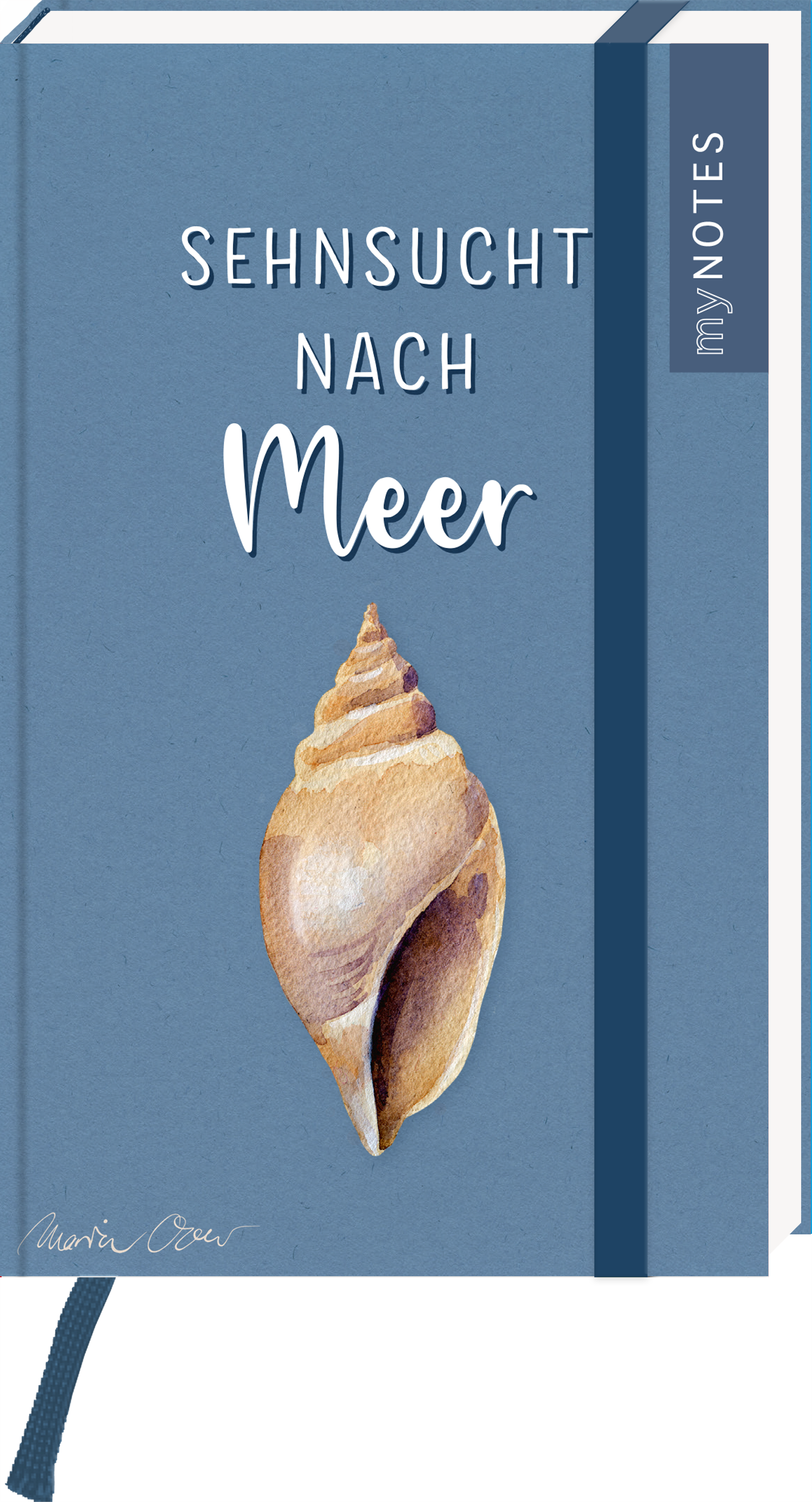 Das Buchcover zeigt einen sanften, blauen Hintergrund. In der Mitte prangt der Titel „SEHNSUCHT NACH MEER“ in einer geschwungenen, weißen Schrift. Darunter ist eine detaillierte, aquarellierte Muschel in sanften Erdtönen abgebildet. Oben links erkennt man den Schriftzug „my NOTES“ in einer modernen, grauen Typografie. Ganz unten mittig steht der Logoschriftzug von arsEdition.