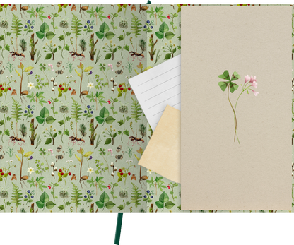 Gezeigt wird eine Innen- oder Zusatzansicht von „myNOTES Papeterie: Notizbuch A4 Naturschätze“. Der Hintergrund zeigt ein liebevoll gestaltetes Muster aus verschiedenen Pflanzen, Blumen und kleinen Tieren in sanften Grüntönen, ergänzt durch lebendige Farbtöne in Rot, Gelb und Blau. Auf der rechten Seite befinden sich ein beige-blasses Einsteckfach sowie ein kleiner Block mit linierten Seiten. Ein zarter, gedruckter Zweig mit Blüten verleiht dem Design eine natürliche Note.