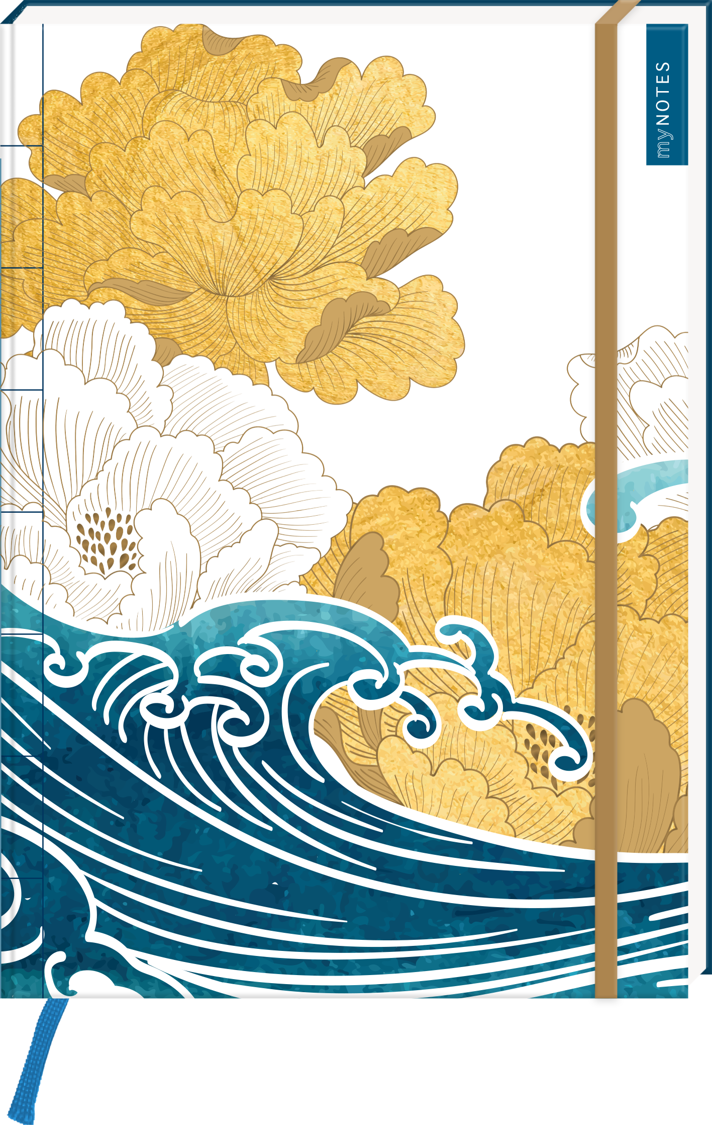 Auf dem Cover befinden sich stilisierte Wellen in Blau und weiß, die dynamisch nach oben schlagen. Darüber sind goldene und weiße Blüten in einem geschwungenen Muster angeordnet, was eine harmonische Atmosphäre schafft. Am oberen Rand steht in blauer Schrift „myNOTES“. Das Cover wirkt frisch und elegant und lädt zum Schreiben ein. Ganz unten mittig steht der Logoschriftzug von arsEdition.
